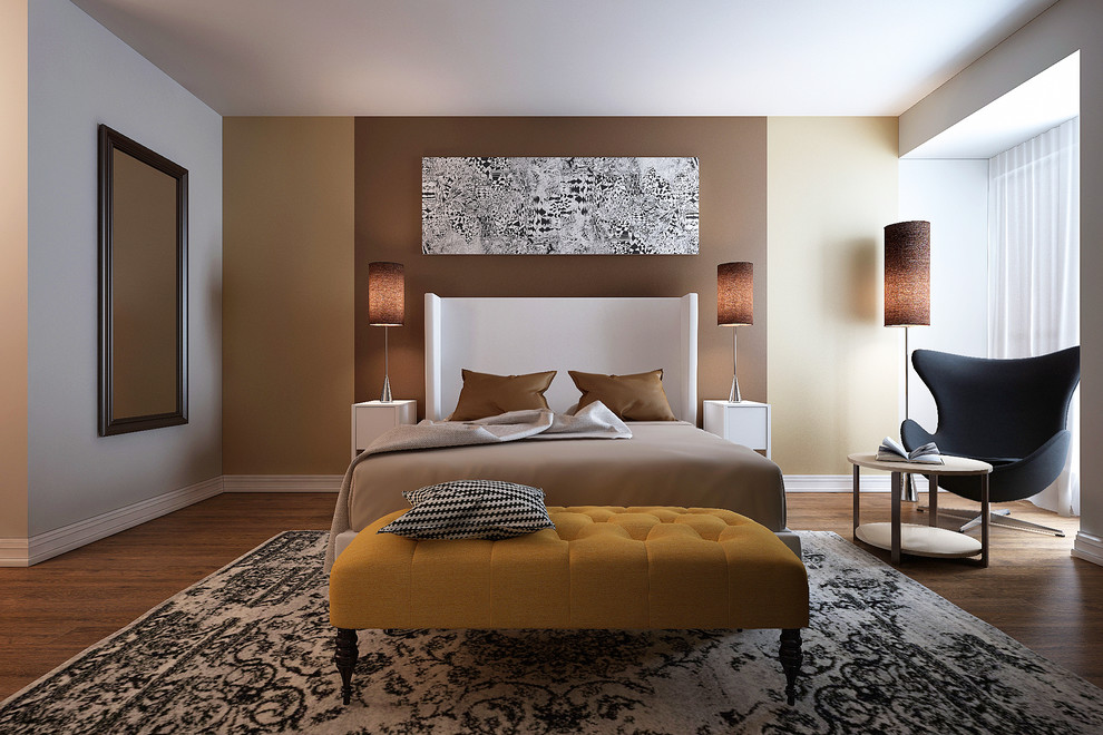 Example of a mid-sized trendy master medium tone wood floor bedroom design in New York with brown walls and no fireplace