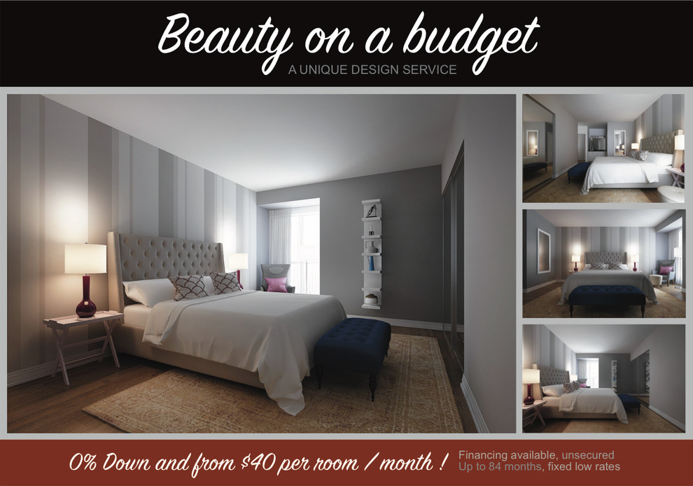 Mittelgroßes Modernes Hauptschlafzimmer ohne Kamin mit grauer Wandfarbe und braunem Holzboden in New York