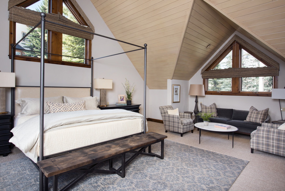 Inspiration for a rustic carpeted and gray floor bedroom remodel in Denver with white walls