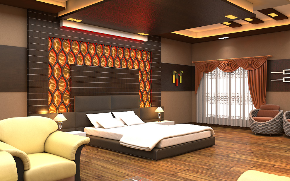 Exemple d'une grande chambre parentale moderne avec un mur marron, un sol en vinyl et un sol marron.