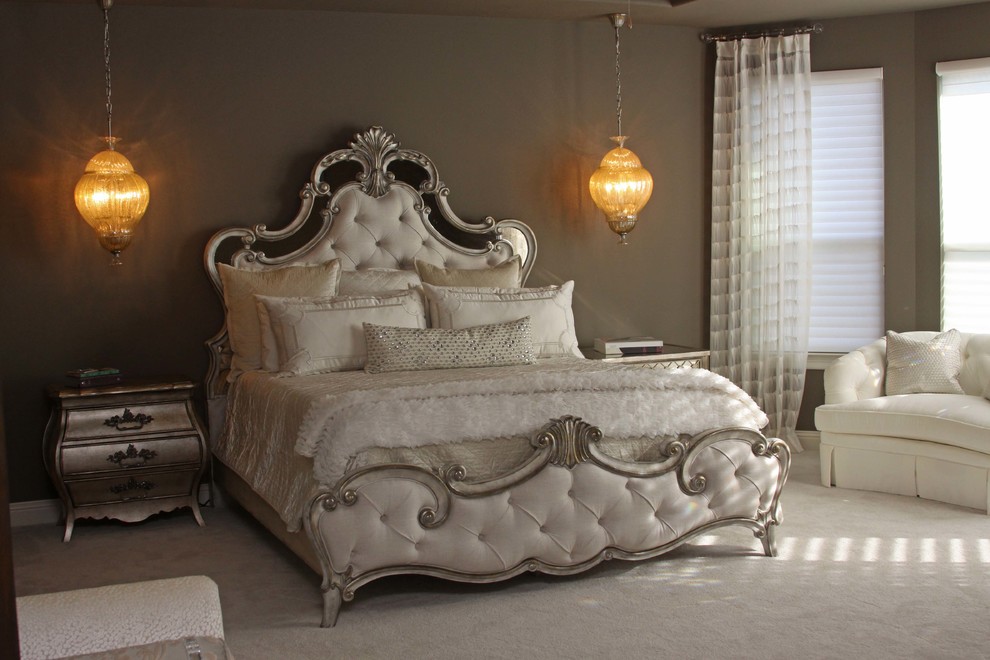 Photo of a large victorian master bedroom in Dallas with grey walls, carpet and white floors.