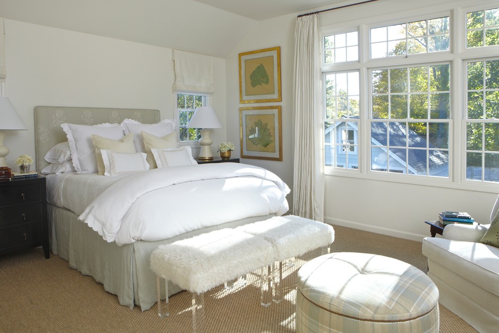 Modelo de habitación de invitados clásica renovada con paredes blancas y moqueta