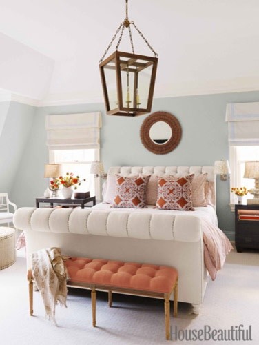 Inspiration for a medium sized eclectic master bedroom in Chicago with blue walls and carpet.