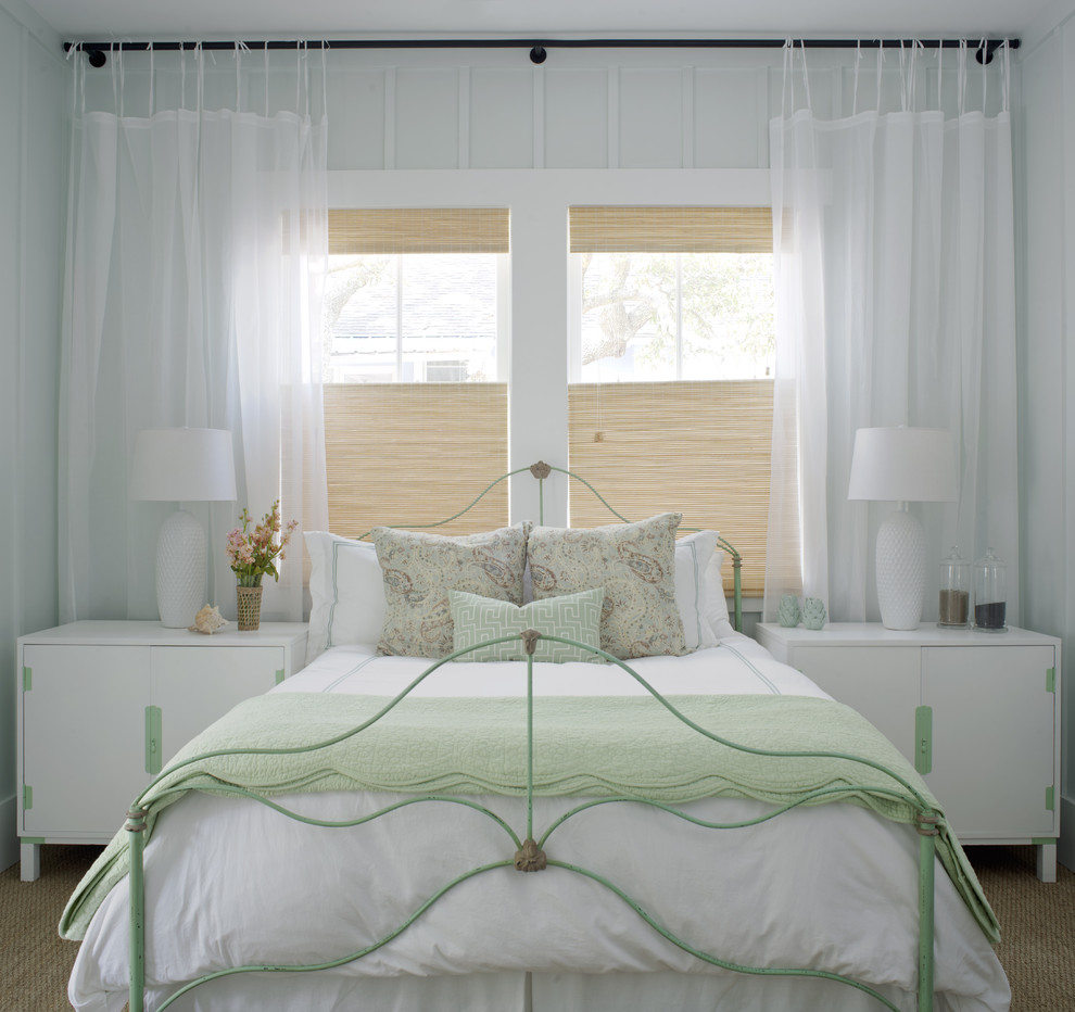 Bedroom - large shabby-chic style guest carpeted and brown floor bedroom idea in Atlanta with white walls