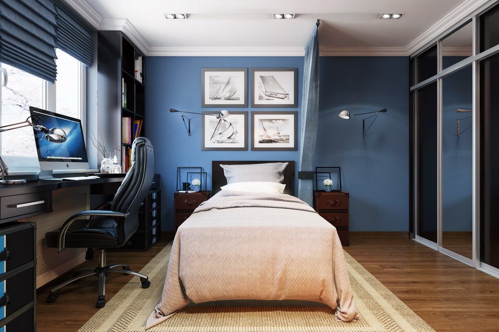 Inspiration för små sovloft, med blå väggar och mellanmörkt trägolv