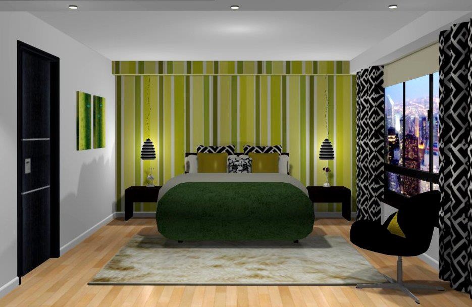 Cette image montre une petite chambre parentale minimaliste avec un mur vert et parquet clair.