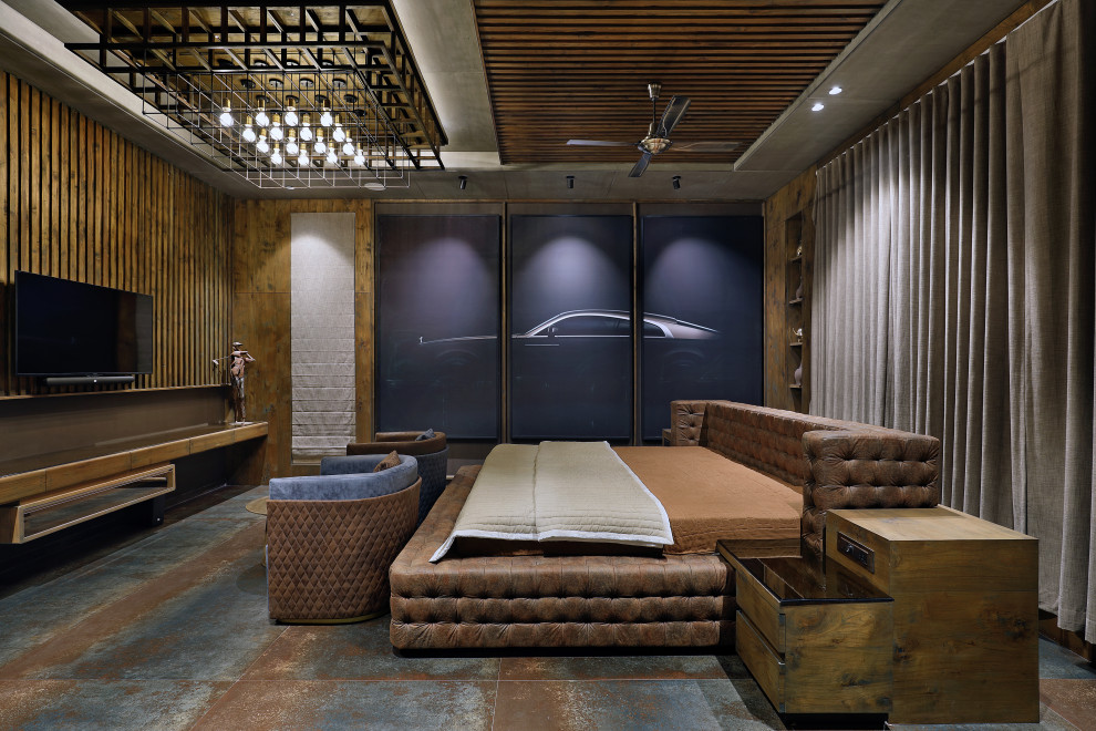 Ispirazione per una camera da letto industriale con pareti in legno