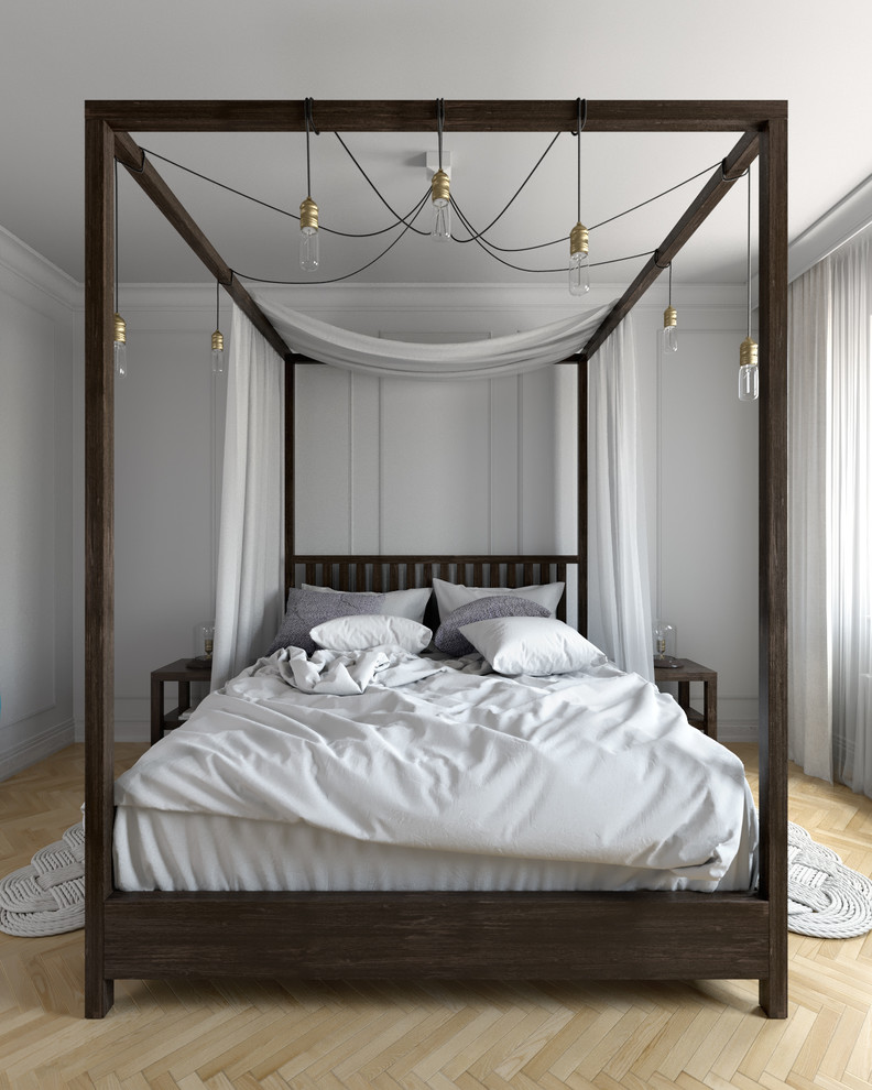 Свежая идея для дизайна: хозяйская спальня среднего размера в современном стиле с светлым паркетным полом без камина - отличное фото интерьера