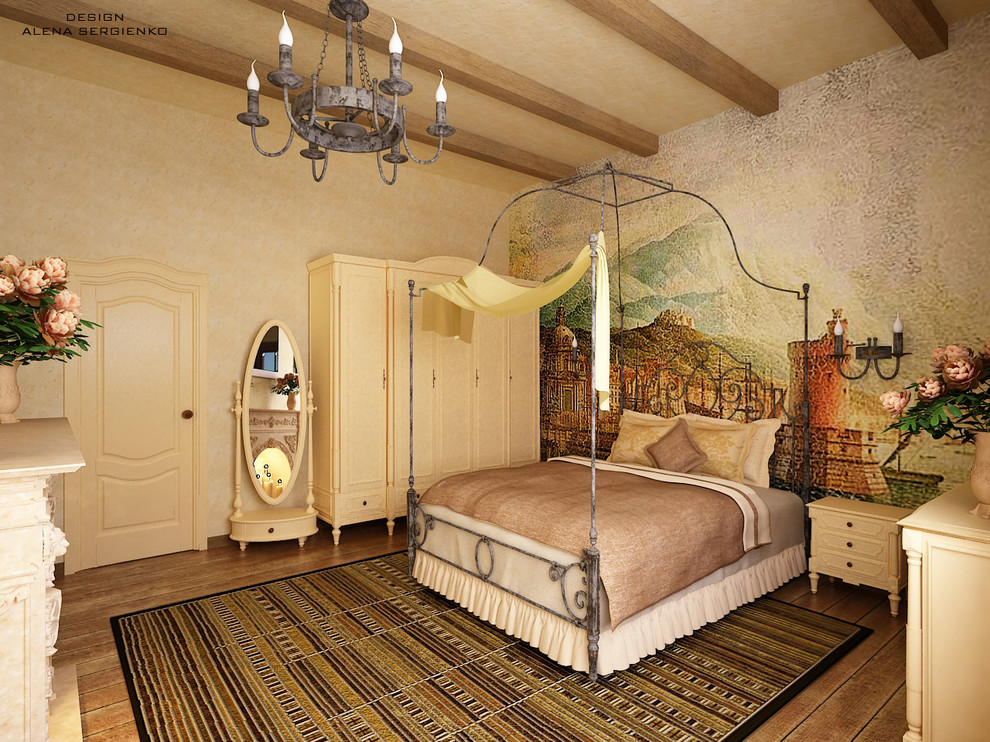 Пример оригинального дизайна: спальня среднего размера в стиле рустика с бежевыми стенами и стандартным камином