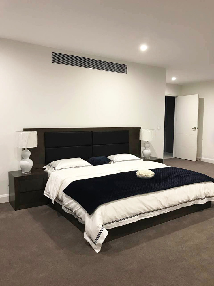 シドニーにある広いコンテンポラリースタイルのおしゃれな主寝室 (白い壁、カーペット敷き) のレイアウト