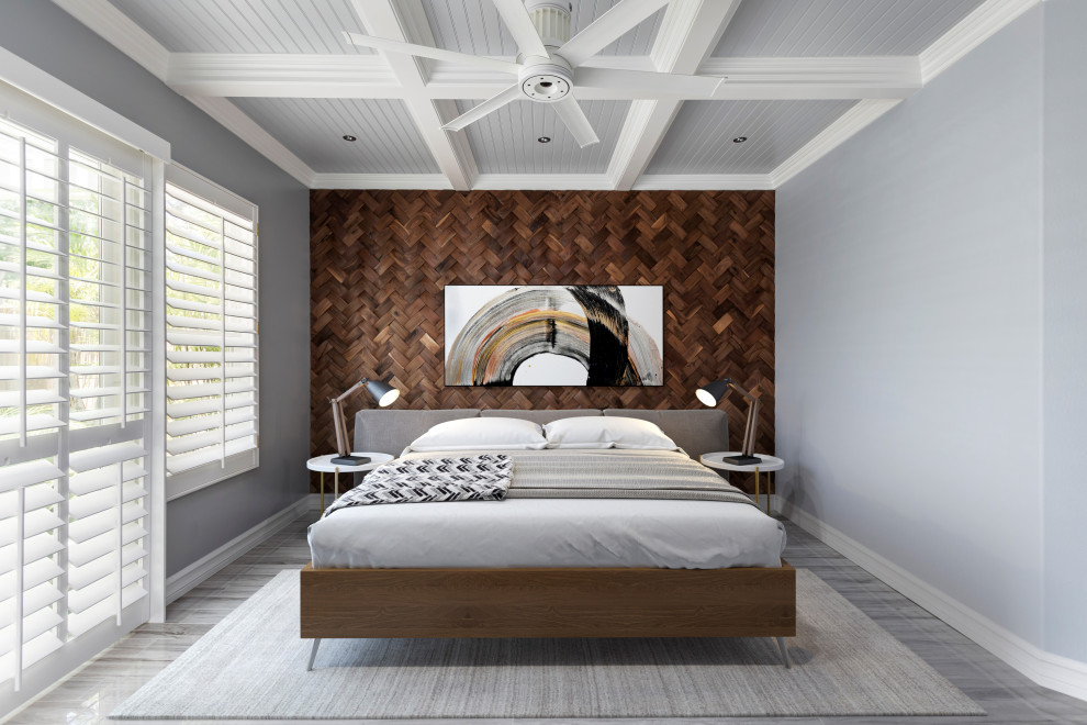 Aménagement d'une chambre parentale classique de taille moyenne avec un mur gris, un sol en carrelage de porcelaine, un sol beige et un plafond à caissons.