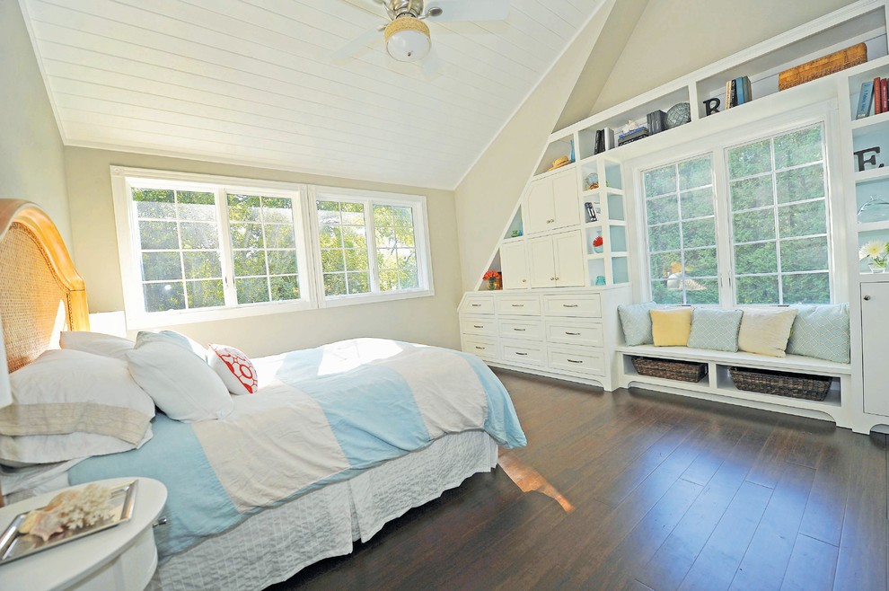 Immagine di una camera da letto chic con pareti beige e parquet scuro