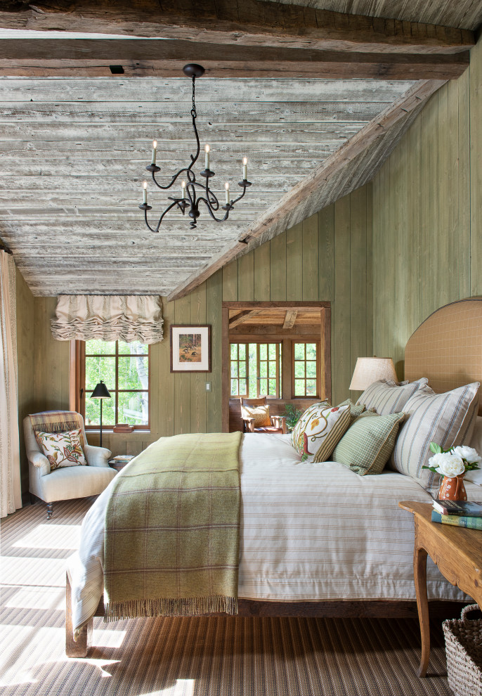 Bedroom - rustic master bedroom idea in Other with green walls and no fireplace