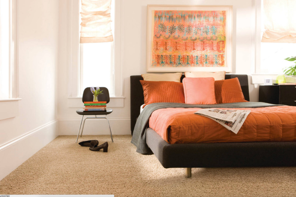 Example of a mid-sized trendy master carpeted and brown floor bedroom design in New York with white walls and no fireplace