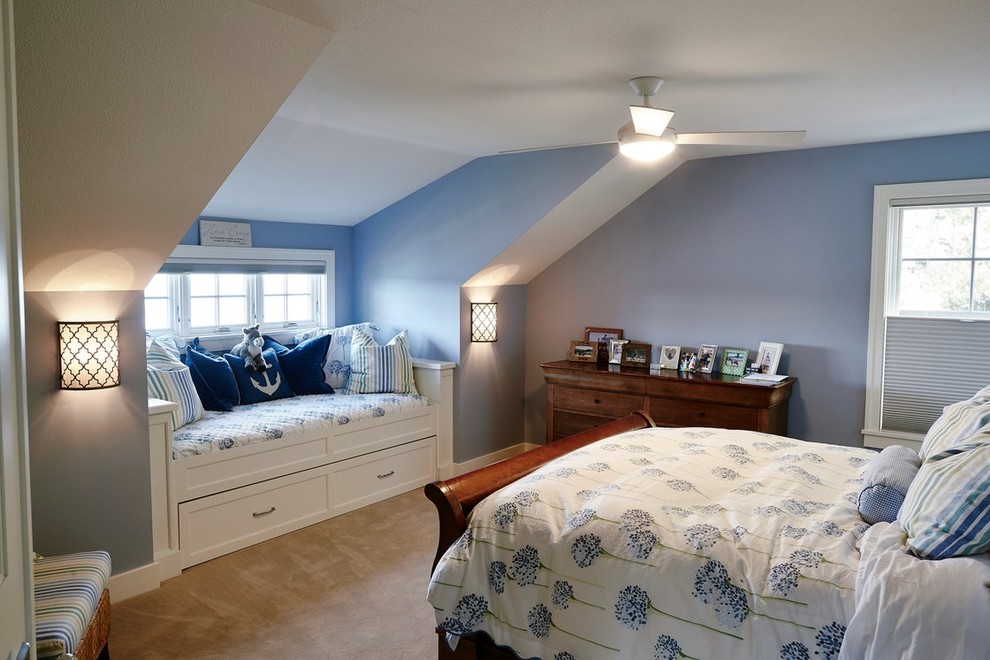 This is an example of a medium sized classic bedroom in Minneapolis with blue walls, carpet, beige floors and no fireplace.
