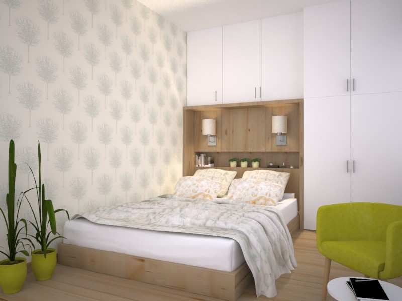 Diseño de habitación de invitados minimalista pequeña con paredes verdes, suelo laminado y suelo beige