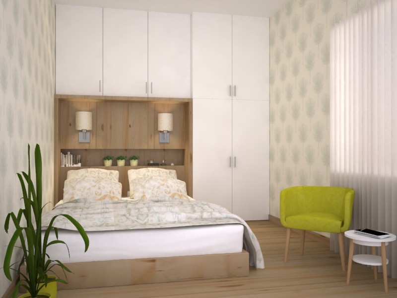 Inspiration for a small modern guest bedroom in Brussels with green walls, laminate floors and beige floors.