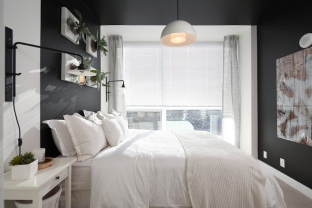 Idées déco pour une chambre contemporaine avec un mur gris et un sol beige.