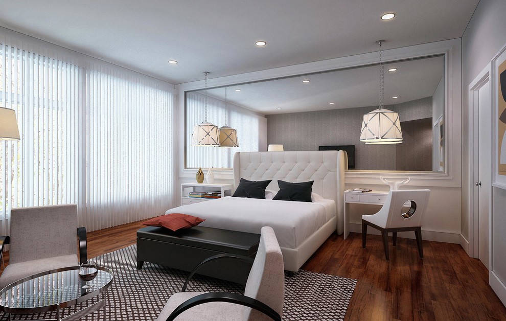Inspiration for a medium sized contemporary master bedroom in New York with dark hardwood flooring.