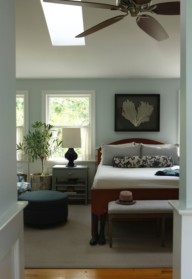 Imagen de dormitorio principal costero extra grande sin chimenea con paredes azules y suelo de madera en tonos medios