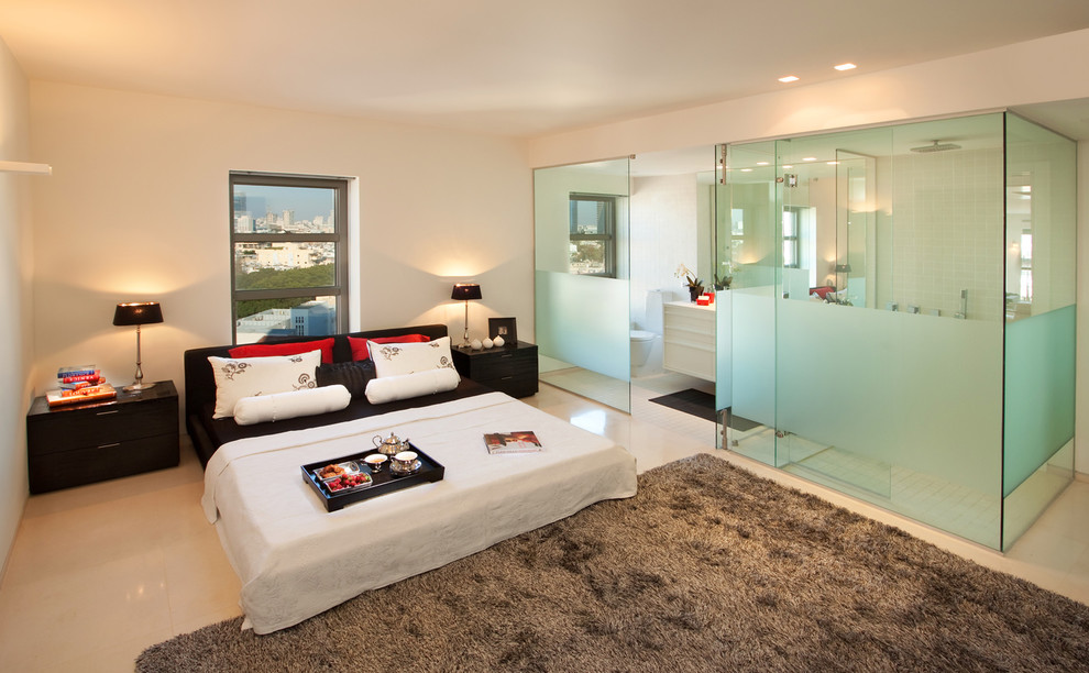Inspiration for a contemporary master bedroom remodel in Other with white walls and no fireplace