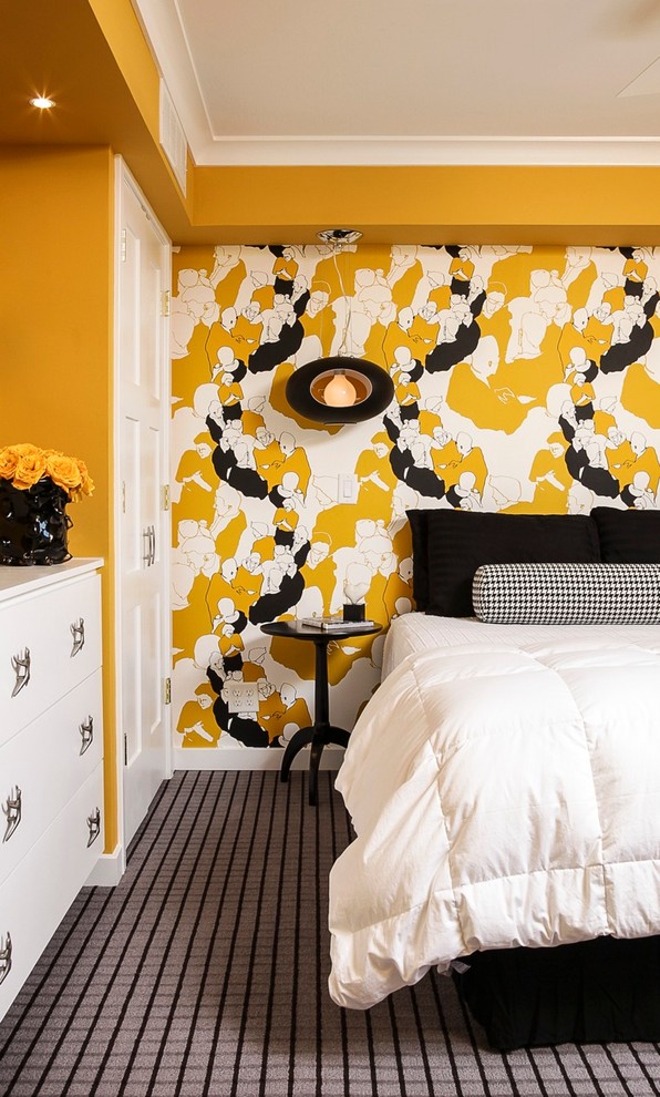 Example of a mid-sized minimalist guest carpeted bedroom design in Baltimore with yellow walls