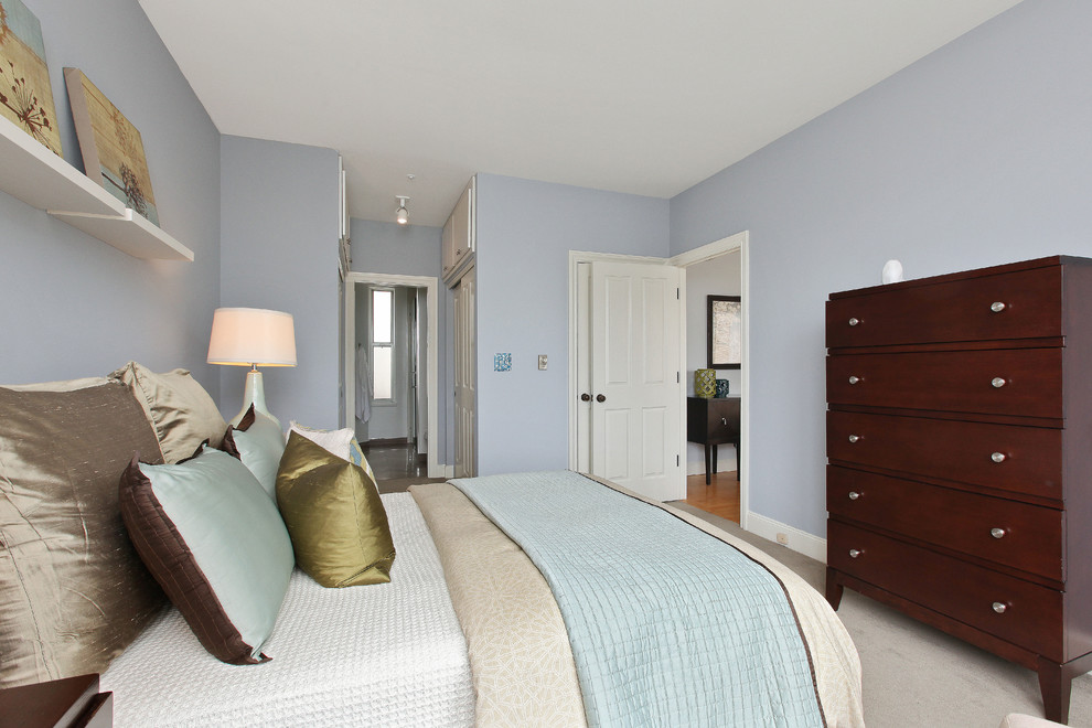 Imagen de habitación de invitados minimalista grande con paredes azules y moqueta