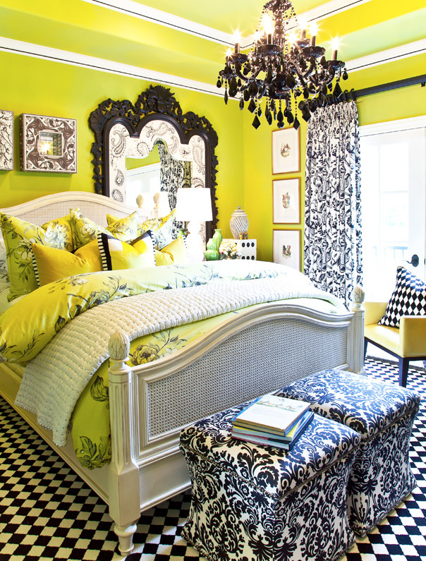 Design ideas for a medium sized eclectic guest bedroom in Dallas with yellow walls and carpet.