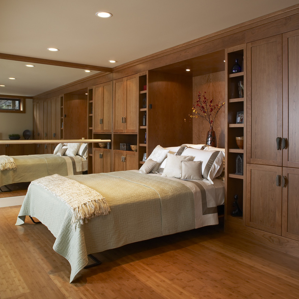 Photo of a contemporary bedroom in San Francisco with medium hardwood flooring.