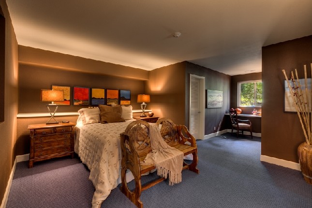 Foto de habitación de invitados contemporánea grande con paredes marrones, moqueta y suelo azul