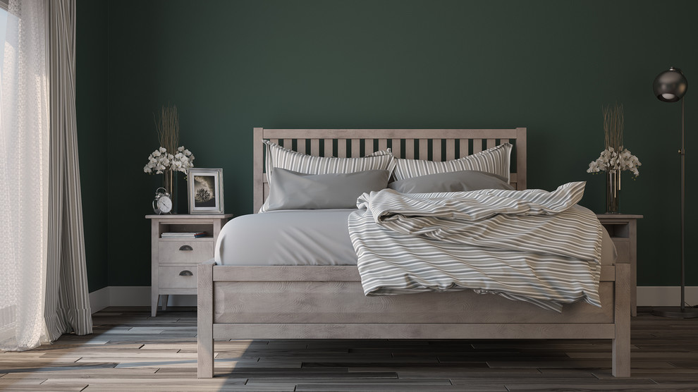Foto de dormitorio principal actual de tamaño medio sin chimenea con paredes verdes y suelo de madera en tonos medios