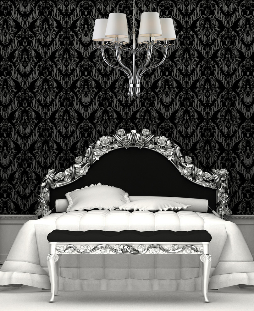 Стильный дизайн: хозяйская спальня среднего размера в современном стиле с черными стенами и полом из керамической плитки - последний тренд