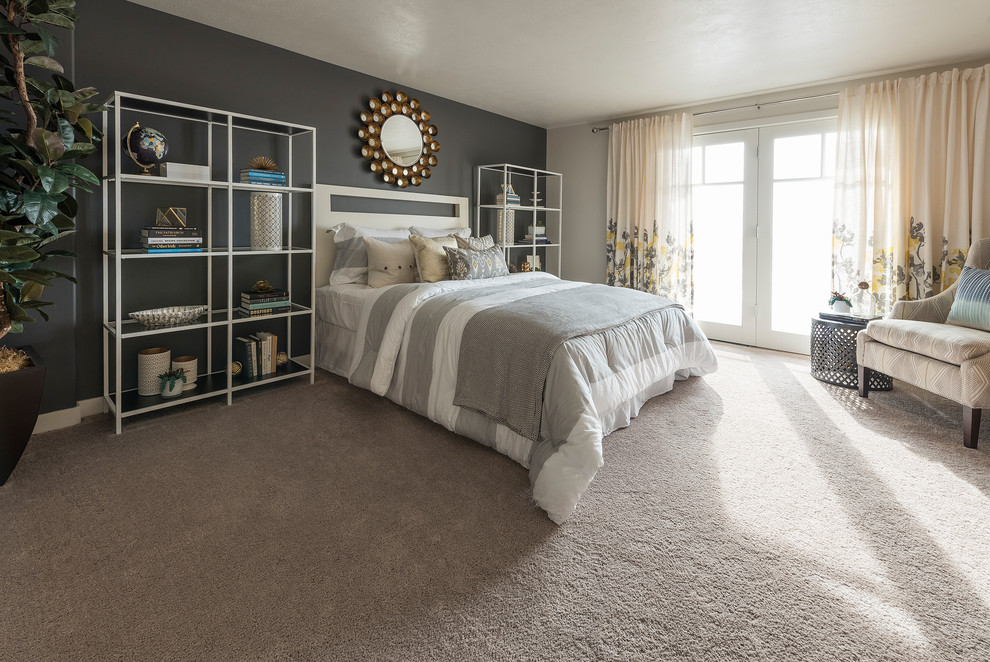 Inspiration for a large classic master bedroom in Salt Lake City with grey walls, carpet, no fireplace and grey floors.