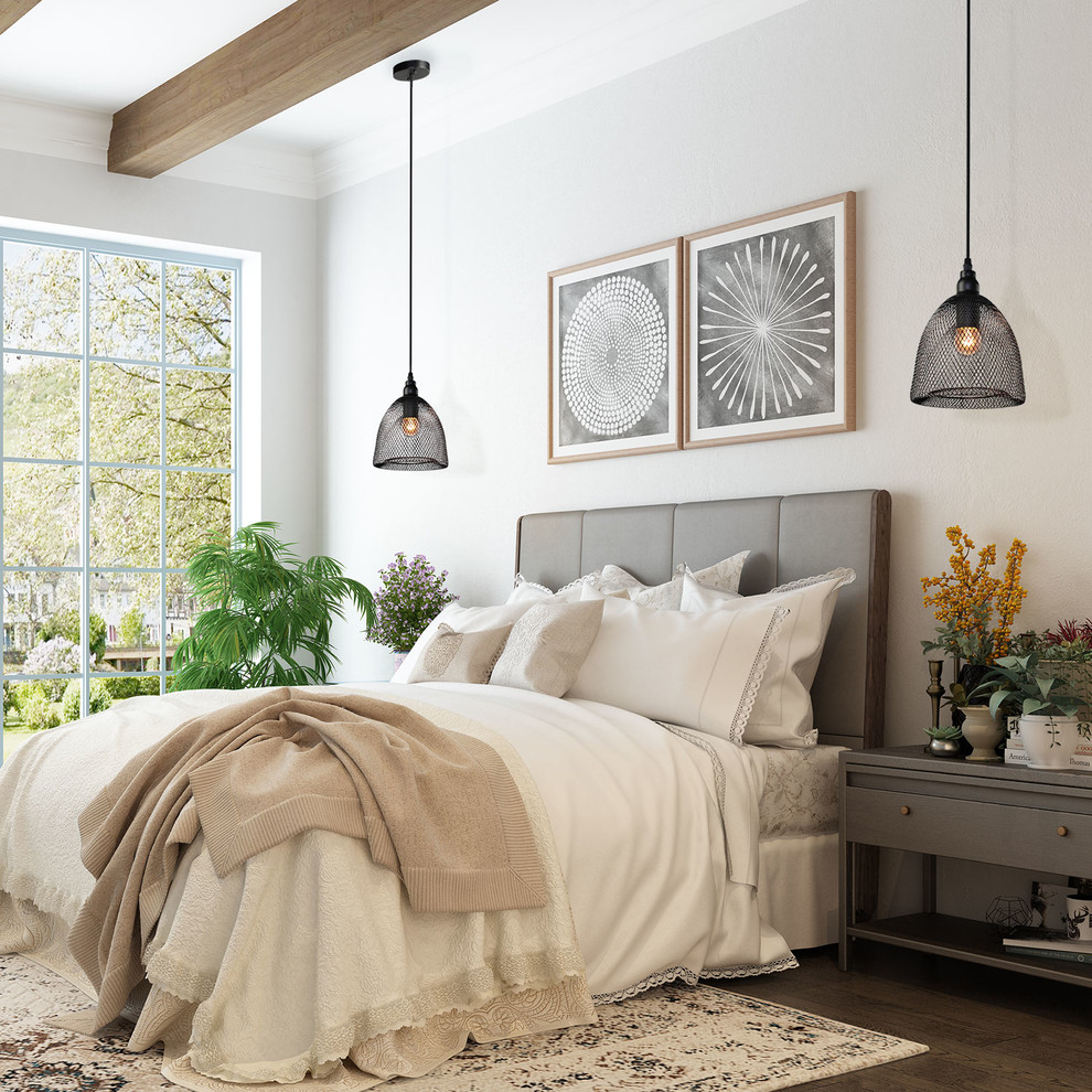 Diseño de dormitorio clásico renovado sin chimenea con paredes blancas, suelo de madera en tonos medios y suelo marrón