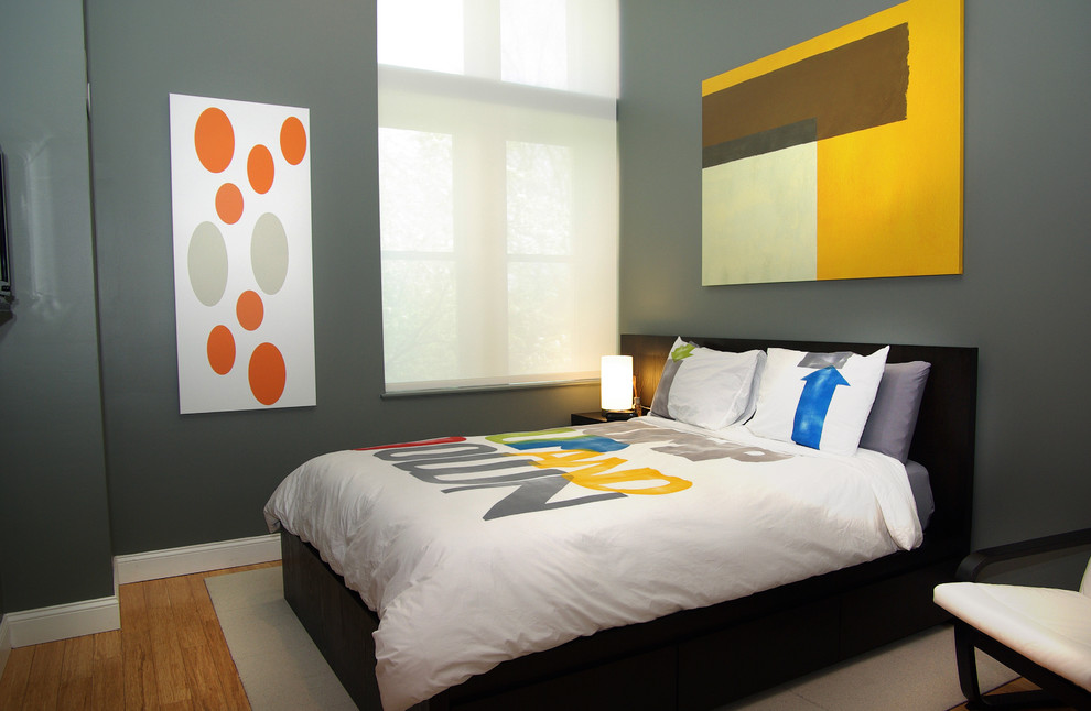 Example of a trendy bedroom design in Boston with gray walls