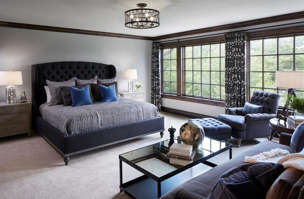 Inspiration for an expansive traditional guest bedroom in Minneapolis with grey walls, carpet, grey floors and no fireplace.