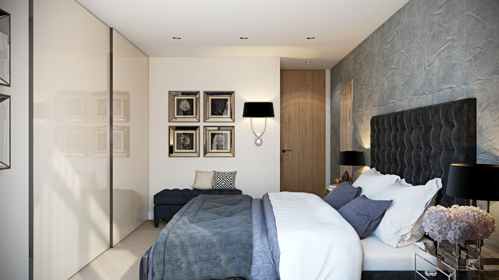 ロンドンにある中くらいなコンテンポラリースタイルのおしゃれな主寝室 (グレーの壁) のレイアウト