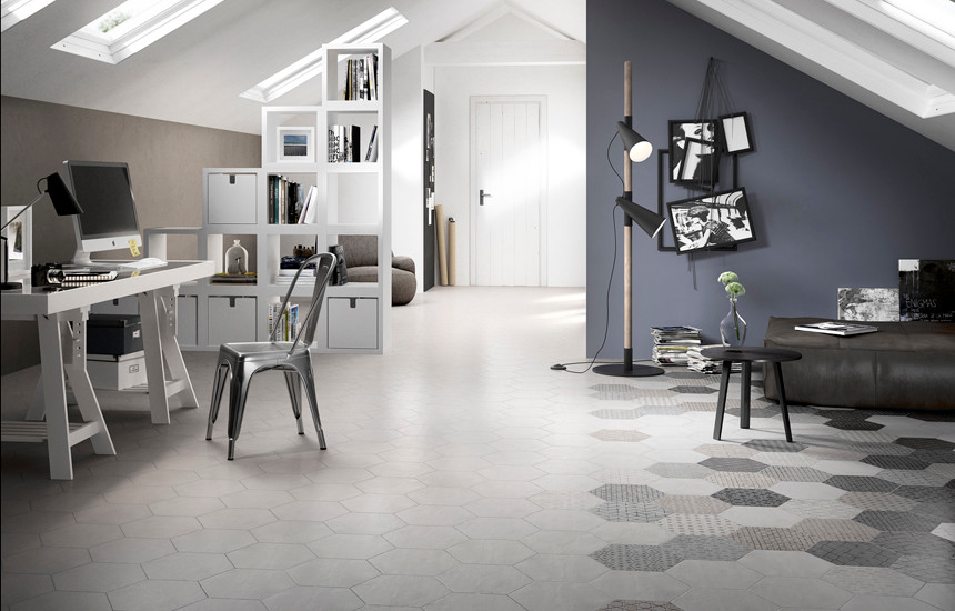 Home office - mid-sized modern porcelain tile home office idea in Toronto with beige walls and no fireplace