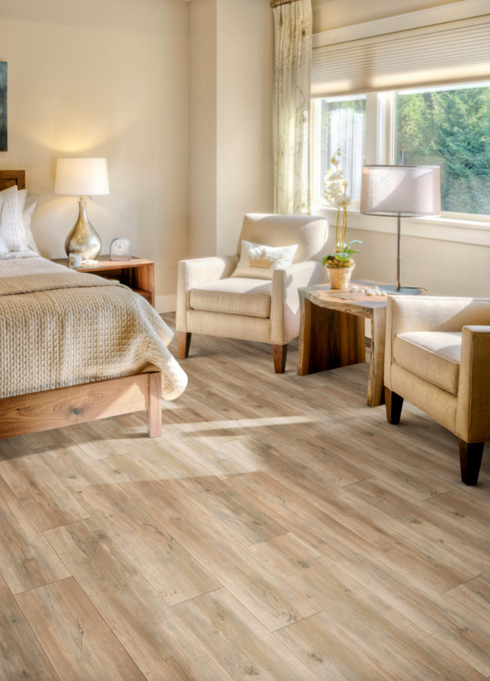 Inspiration for a mid-sized transitional master vinyl floor and brown floor bedroom remodel in Other with beige walls and no fireplace