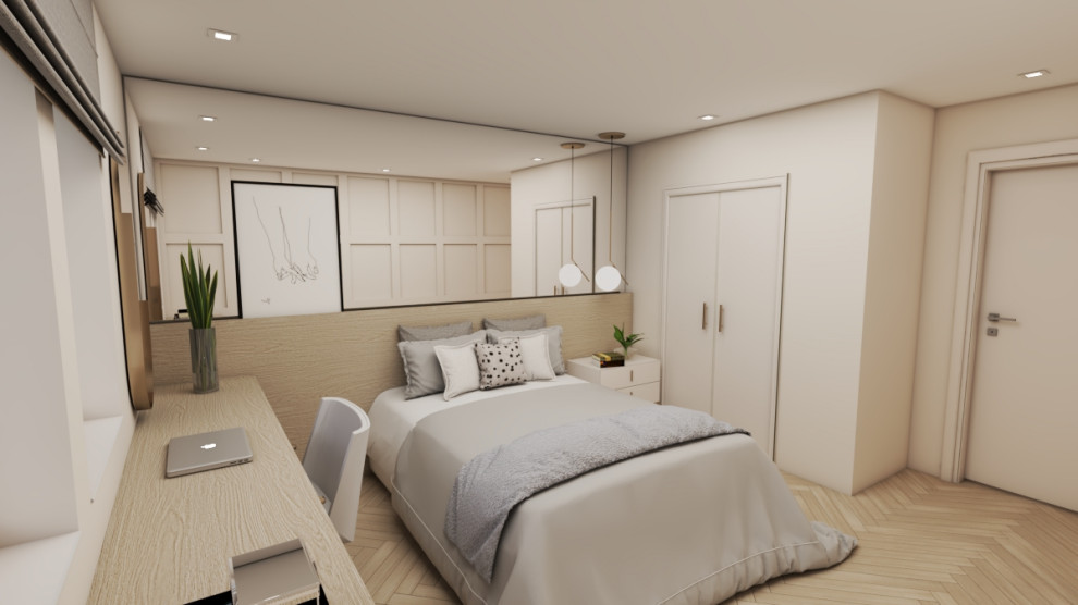 Imagen de dormitorio principal moderno de tamaño medio sin chimenea con paredes beige, suelo de madera clara y suelo marrón