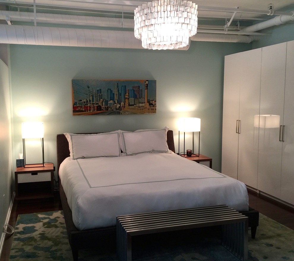 Kleines Modernes Hauptschlafzimmer mit blauer Wandfarbe und braunem Holzboden in Los Angeles