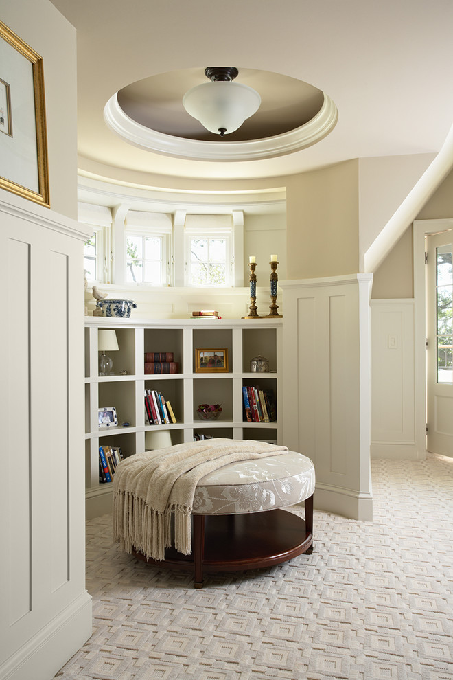 Elegant carpeted bedroom photo in Minneapolis with beige walls