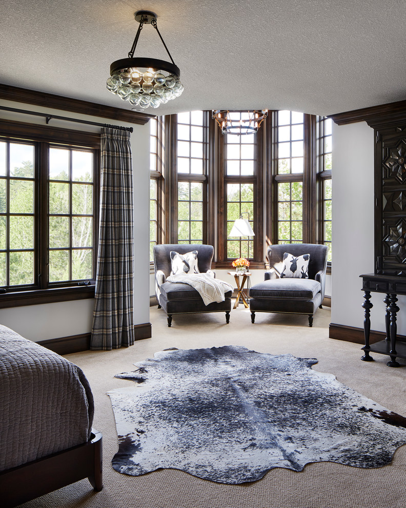 Modelo de habitación de invitados clásica grande sin chimenea con paredes grises, moqueta y suelo gris