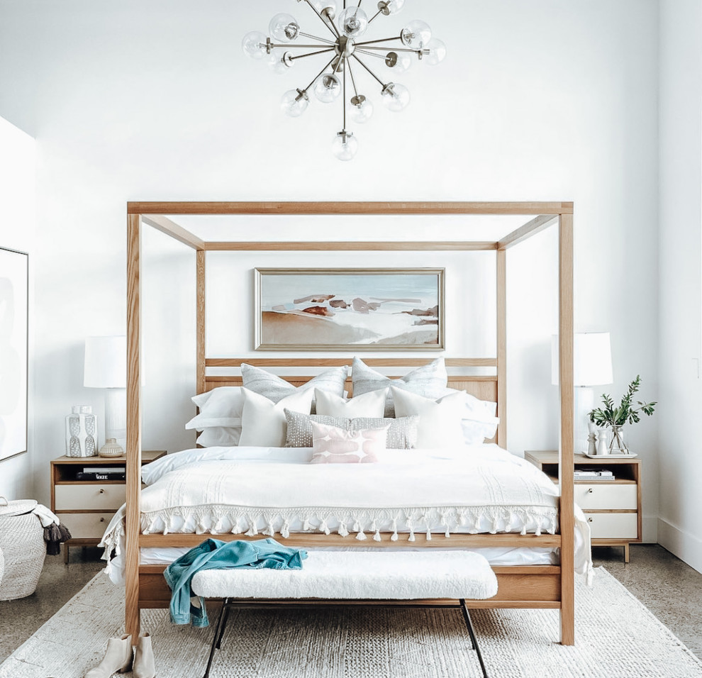 Idées déco pour une chambre parentale blanche et bois contemporaine avec un mur blanc, sol en béton ciré, un sol gris et un plafond voûté.
