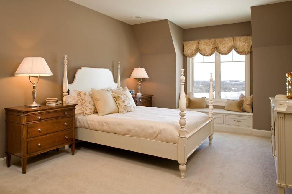 Classic bedroom in Minneapolis with beige walls and carpet.