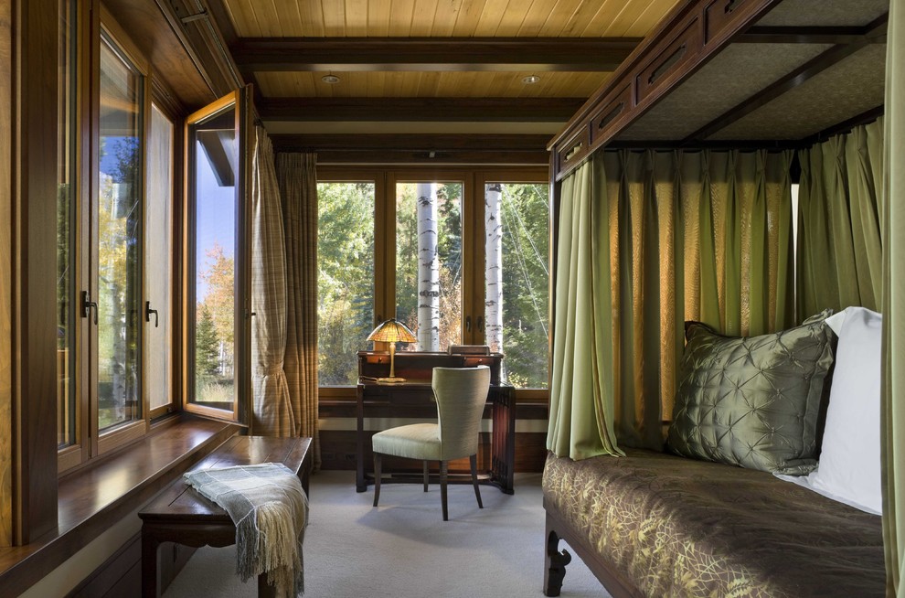 Стильный дизайн: спальня в стиле рустика с ковровым покрытием - последний тренд