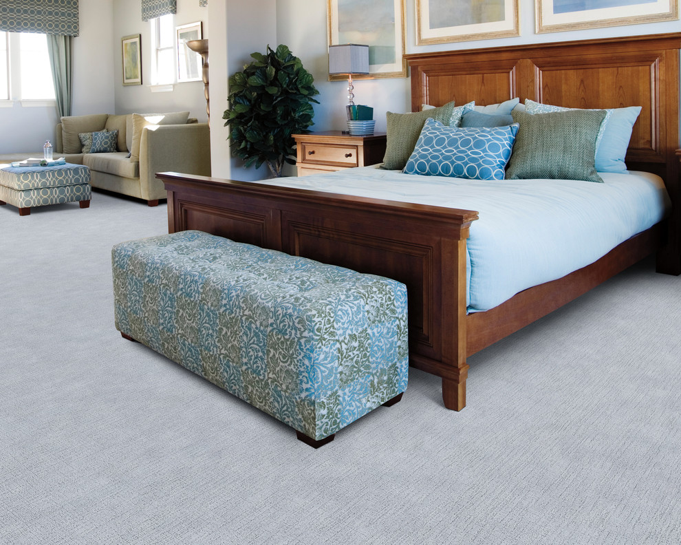 Inspiration for a large contemporary master bedroom in Other with blue walls and carpet.