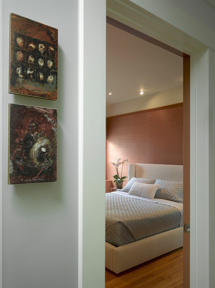 サンフランシスコにある小さなトランジショナルスタイルのおしゃれな客用寝室 (オレンジの壁、無垢フローリング) のインテリア