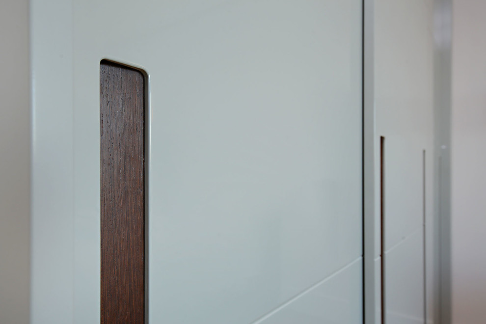 Modelo de habitación de invitados minimalista grande con paredes beige, suelo de madera en tonos medios y suelo marrón