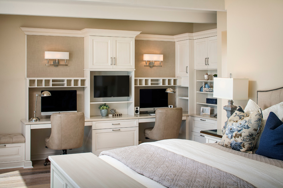 Bedroom with Off White Built In His and Hers Desks Traditional